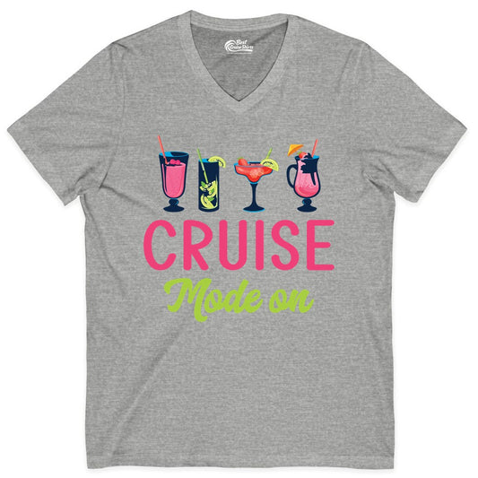 Cruise Mode On Shirt - Fun Cocktail Cruise Shirt for Vacations (V-Neck) in Athletic Heather - Cruise Mode On Shirt - Colorful Tropical Cocktails Vacation Vibes