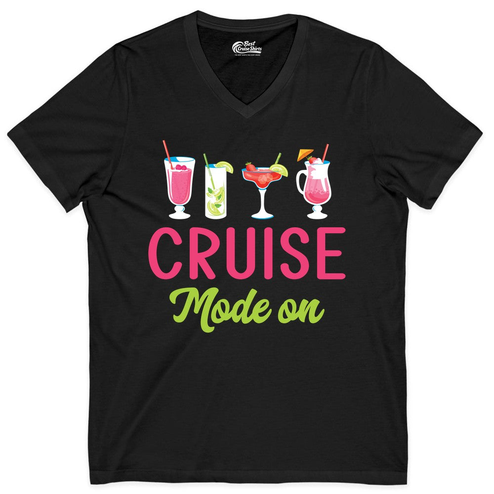 Cruise Mode On Shirt - Fun Cocktail Cruise Shirt for Vacations (V-Neck) in Black - Cruise Mode On Shirt - Colorful Tropical Cocktails Vacation Vibes