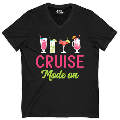 Cruise Mode On Shirt - Fun Cocktail Cruise Shirt for Vacations (V-Neck) in Black - Cruise Mode On Shirt - Colorful Tropical Cocktails Vacation Vibes