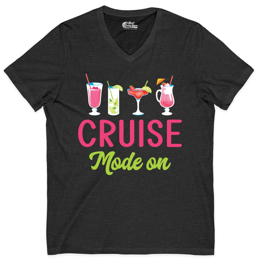 Cruise Mode On Shirt - Fun Cocktail Cruise Shirt for Vacations (V-Neck) in Dark Grey Heather - Cruise Mode On Shirt - Colorful Tropical Cocktails Vacation Vibes