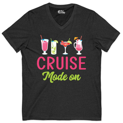 Cruise Mode On Shirt - Fun Cocktail Cruise Shirt for Vacations (V-Neck) in Dark Grey Heather - Cruise Mode On Shirt - Colorful Tropical Cocktails Vacation Vibes