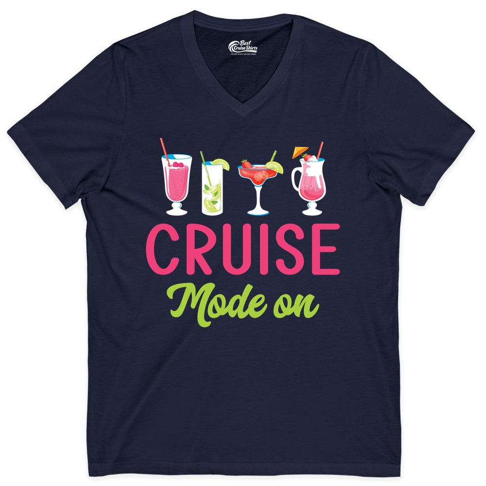 Cruise Mode On Shirt - Fun Cocktail Cruise Shirt for Vacations (V-Neck) in Navy - Cruise Mode On Shirt - Colorful Tropical Cocktails Vacation Vibes