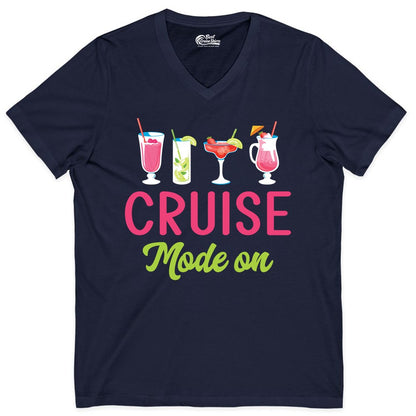 Cruise Mode On Shirt - Fun Cocktail Cruise Shirt for Vacations (V-Neck) in Navy - Cruise Mode On Shirt - Colorful Tropical Cocktails Vacation Vibes
