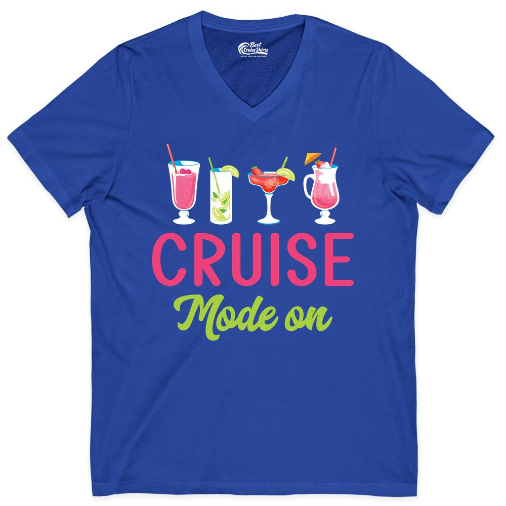 Cruise Mode On Shirt - Fun Cocktail Cruise Shirt for Vacations (V-Neck) in True Royal - Cruise Mode On Shirt - Colorful Tropical Cocktails Vacation Vibes