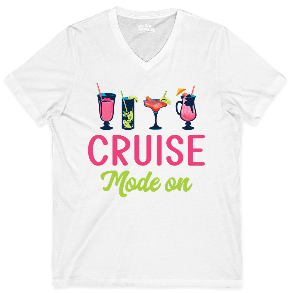 Cruise Mode On Shirt - Fun Cocktail Cruise Shirt for Vacations (V-Neck) in White - Cruise Mode On Shirt - Colorful Tropical Cocktails Vacation Vibes