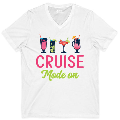 Cruise Mode On Shirt - Fun Cocktail Cruise Shirt for Vacations (V-Neck) in White - Cruise Mode On Shirt - Colorful Tropical Cocktails Vacation Vibes