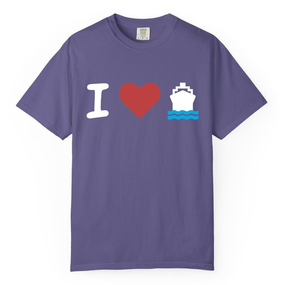 I Love Cruises Shirt - Funny Cruise Ship Shirt Gift for Cruise Lovers (Comfort Color) in Grape - I Love Cruises Bold Cruise Ship Graphic Shirt for Cruise Enthusiasts