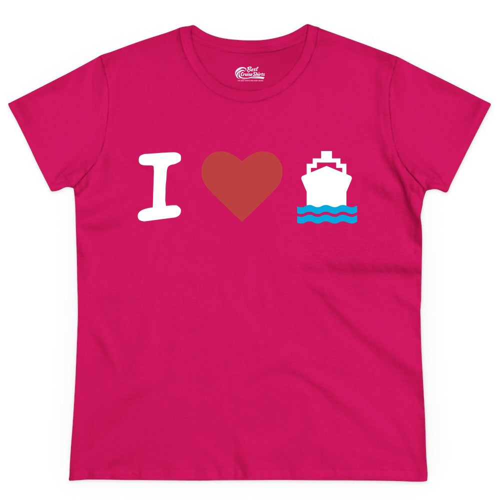 I Love Cruises Shirt - Funny Cruise Ship Shirt Gift for Cruise Lovers (Ladies Tee) in Heliconia - I Love Cruises Bold Cruise Ship Graphic Shirt for Cruise Enthusiasts