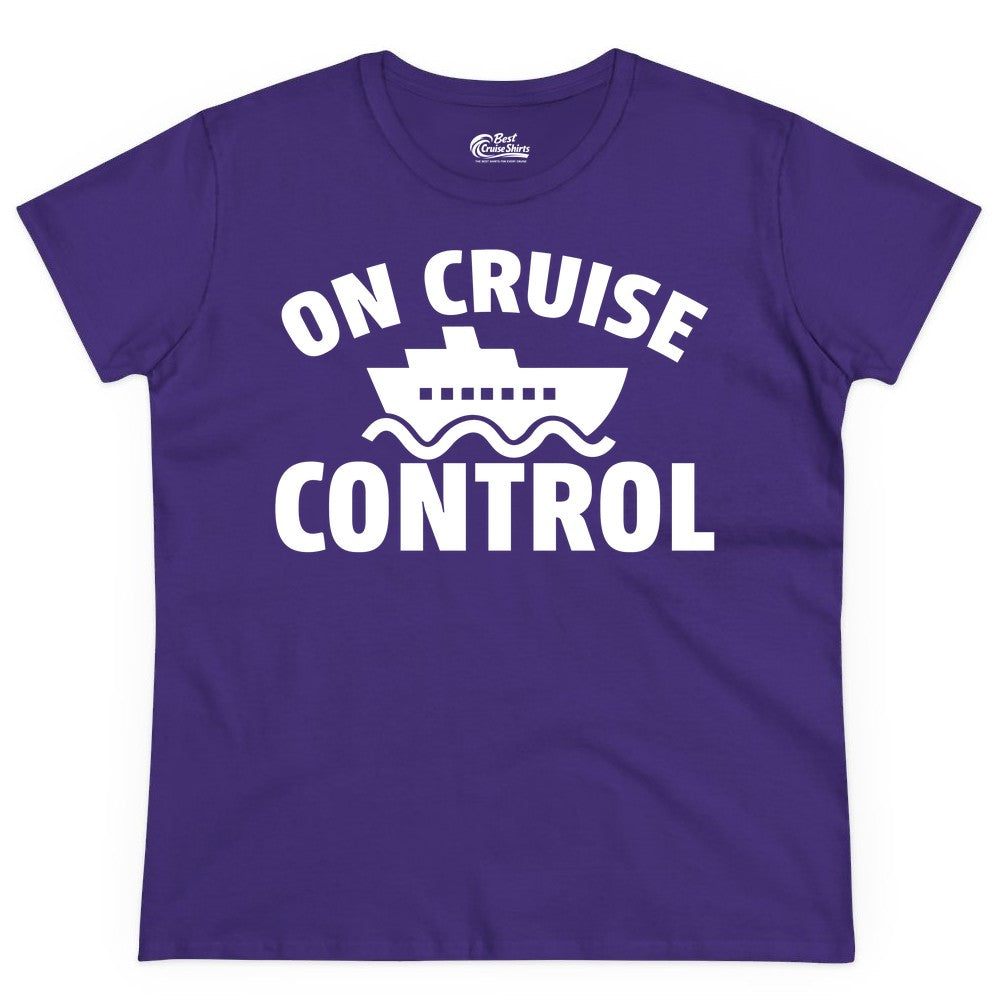 On Cruise Control Shirt - Funny Cruise Shirt for Vacation Travelers (Ladies Tee) in Purple - On Cruise Control Shirt - Playful Cruise Ship Bold Typography Design