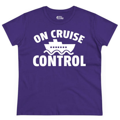 On Cruise Control Shirt - Funny Cruise Shirt for Vacation Travelers (Ladies Tee) in Purple - On Cruise Control Shirt - Playful Cruise Ship Bold Typography Design