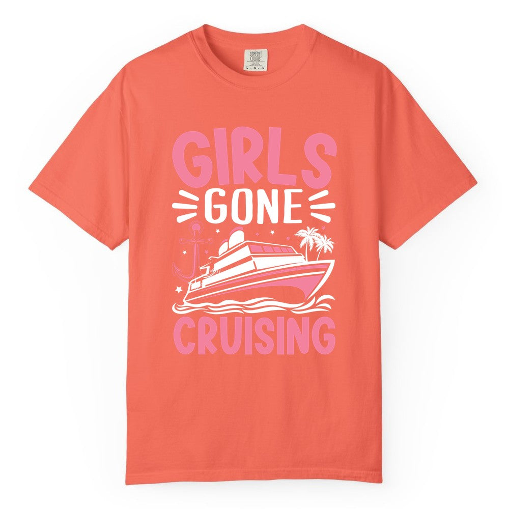 Girls Cruise Shirt - Fun Cruise Girls Trip Tee for Group Getaways (Comfort Color) in Bright Salmon - Girls Gone Cruising Tropical Pink Group Cruise Adventure Shirt