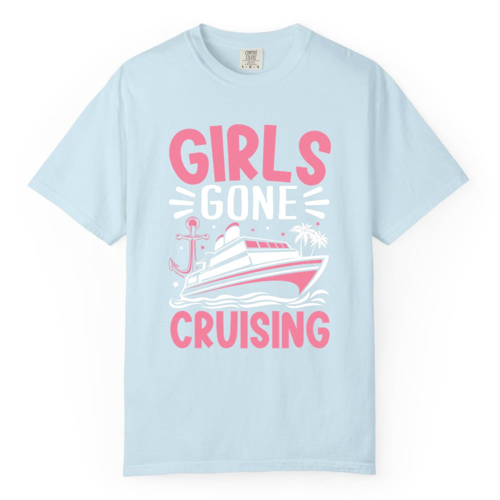 Girls Cruise Shirt - Fun Cruise Girls Trip Tee for Group Getaways (Comfort Color) in Chambray - Girls Gone Cruising Tropical Pink Group Cruise Adventure Shirt