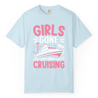 Girls Cruise Shirt - Fun Cruise Girls Trip Tee for Group Getaways (Comfort Color) in Chambray - Girls Gone Cruising Tropical Pink Group Cruise Adventure Shirt