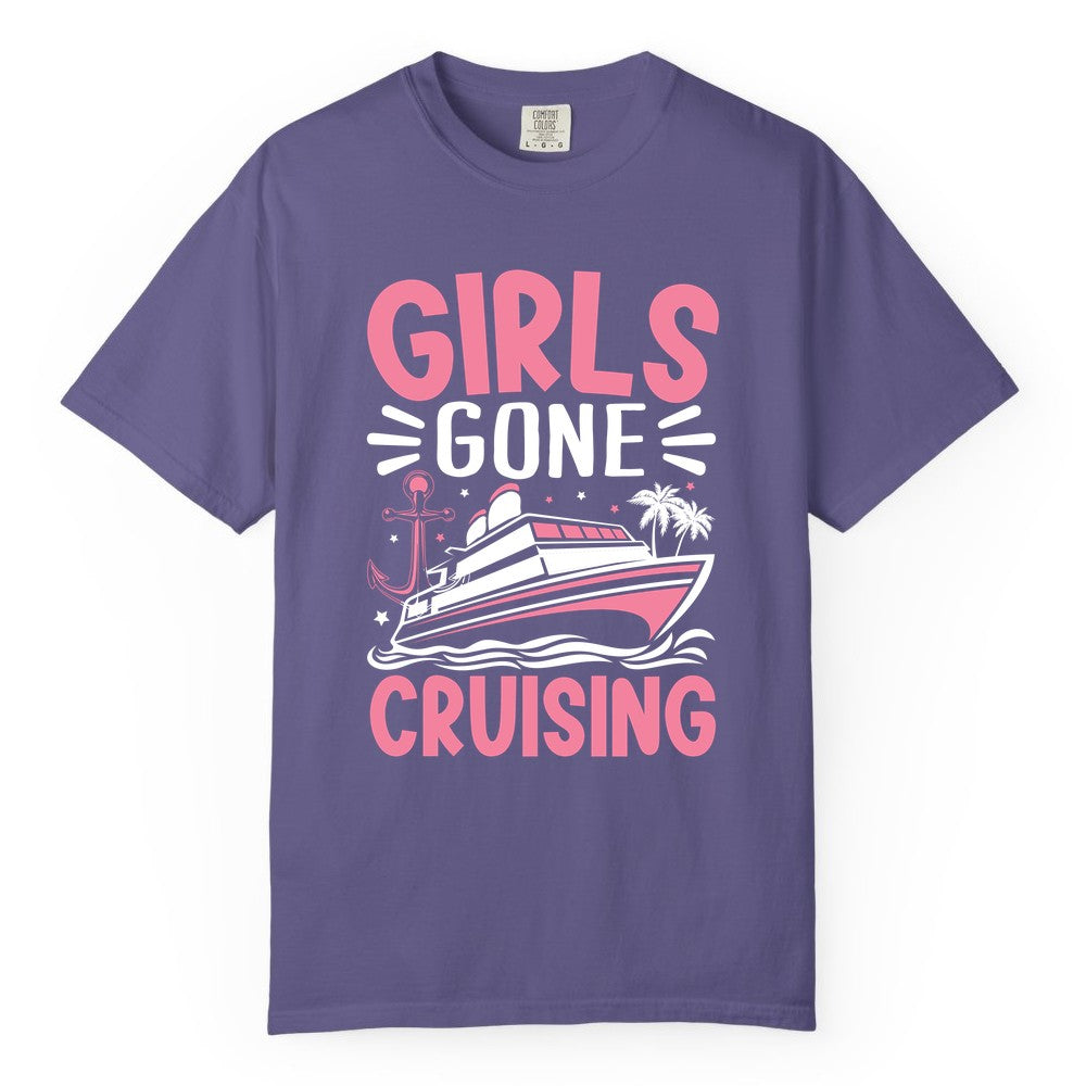 Girls Cruise Shirt - Fun Cruise Girls Trip Tee for Group Getaways (Comfort Color) in Grape - Girls Gone Cruising Tropical Pink Group Cruise Adventure Shirt