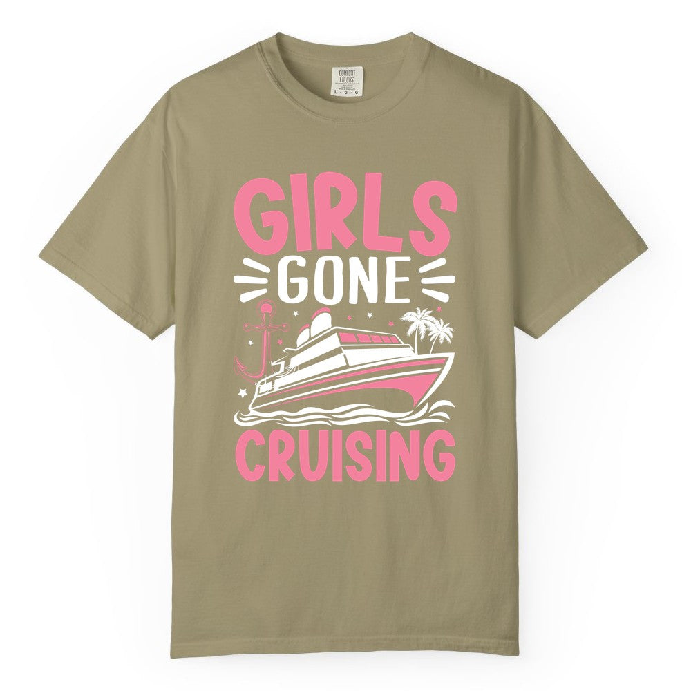 Girls Cruise Shirt - Fun Cruise Girls Trip Tee for Group Getaways (Comfort Color) in Khaki - Girls Gone Cruising Tropical Pink Group Cruise Adventure Shirt