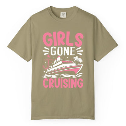 Girls Cruise Shirt - Fun Cruise Girls Trip Tee for Group Getaways (Comfort Color) in Khaki - Girls Gone Cruising Tropical Pink Group Cruise Adventure Shirt
