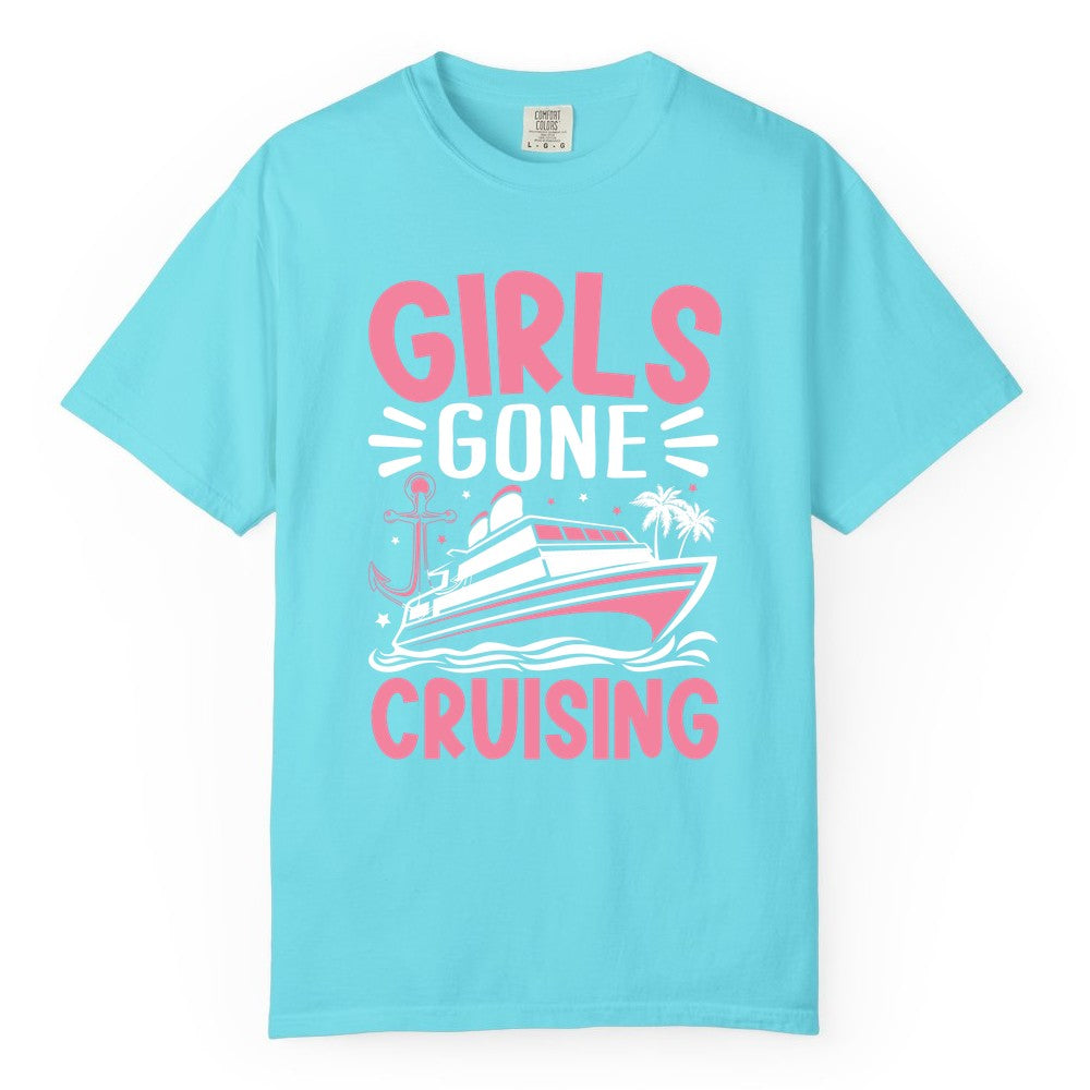 Girls Cruise Shirt - Fun Cruise Girls Trip Tee for Group Getaways (Comfort Color) in Lagoon Blue - Girls Gone Cruising Tropical Pink Group Cruise Adventure Shirt