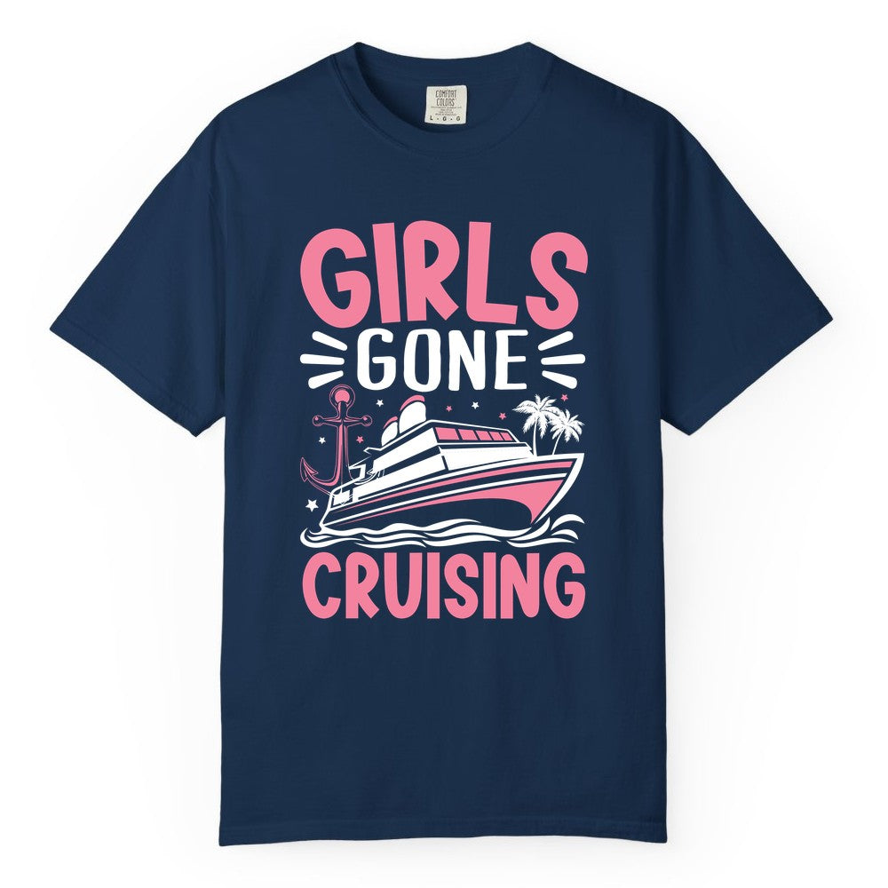 Girls Cruise Shirt - Fun Cruise Girls Trip Tee for Group Getaways (Comfort Color) in Navy - Girls Gone Cruising Tropical Pink Group Cruise Adventure Shirt