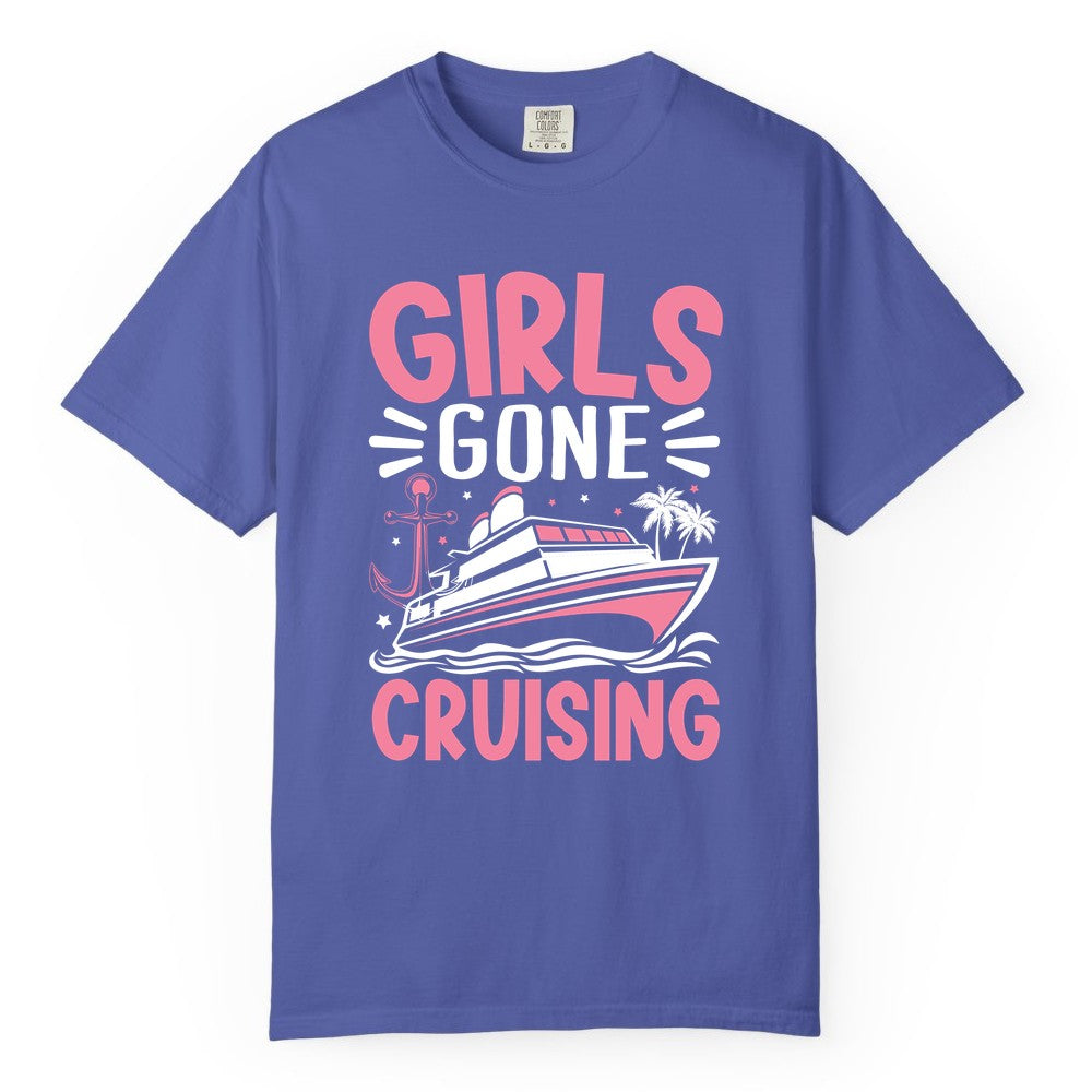 Girls Cruise Shirt - Fun Cruise Girls Trip Tee for Group Getaways (Comfort Color) in Periwinkle - Girls Gone Cruising Tropical Pink Group Cruise Adventure Shirt