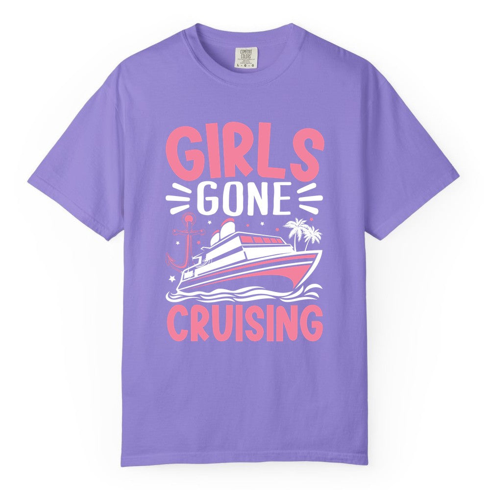 Girls Cruise Shirt - Fun Cruise Girls Trip Tee for Group Getaways (Comfort Color) in Violet - Girls Gone Cruising Tropical Pink Group Cruise Adventure Shirt