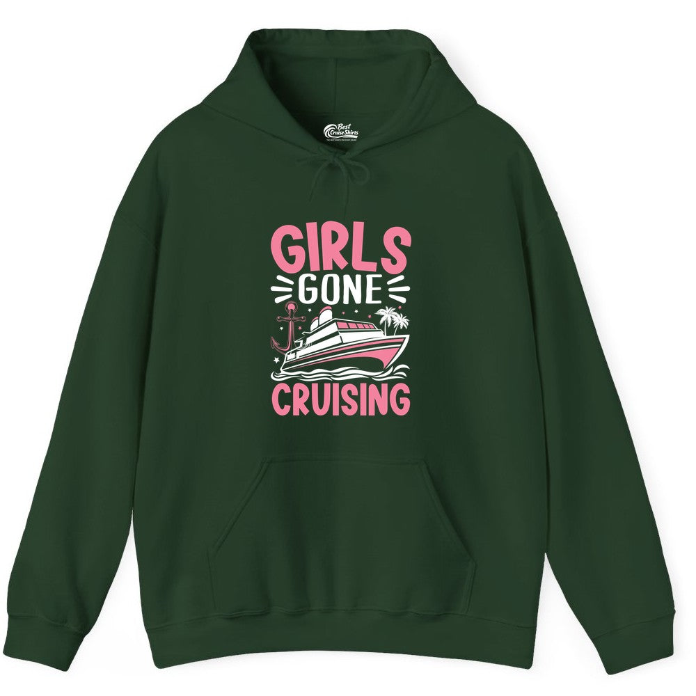 Girls Cruise Shirt - Fun Cruise Girls Trip Tee for Group Getaways (Hoodie) in Forest Green - Girls Gone Cruising Tropical Pink Group Cruise Adventure Shirt