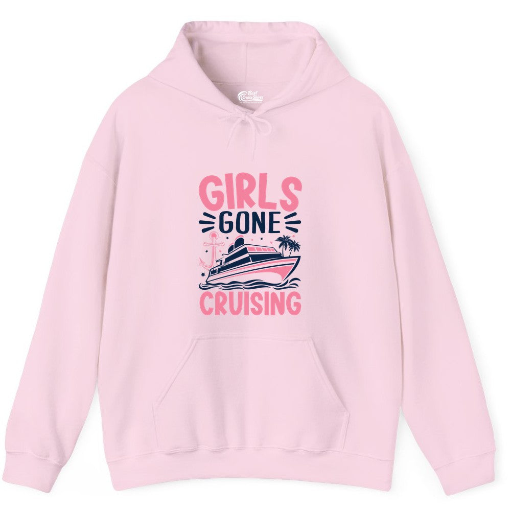 Girls Cruise Shirt - Fun Cruise Girls Trip Tee for Group Getaways (Hoodie) in Light Pink - Girls Gone Cruising Tropical Pink Group Cruise Adventure Shirt