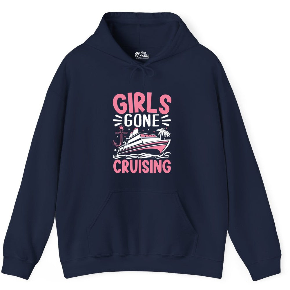 Girls Cruise Shirt - Fun Cruise Girls Trip Tee for Group Getaways (Hoodie) in Navy - Girls Gone Cruising Tropical Pink Group Cruise Adventure Shirt