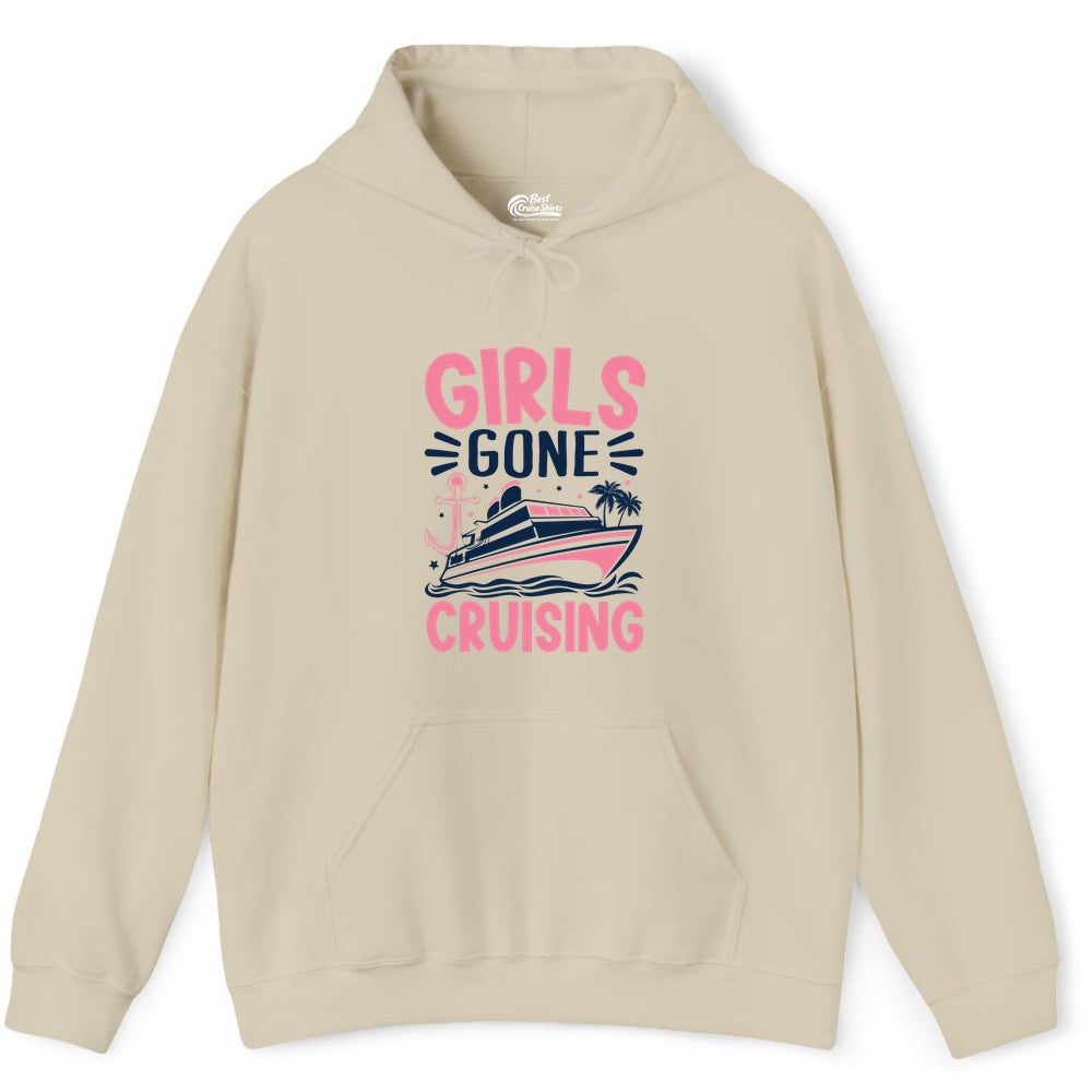 Girls Cruise Shirt - Fun Cruise Girls Trip Tee for Group Getaways (Hoodie) in Sand - Girls Gone Cruising Tropical Pink Group Cruise Adventure Shirt