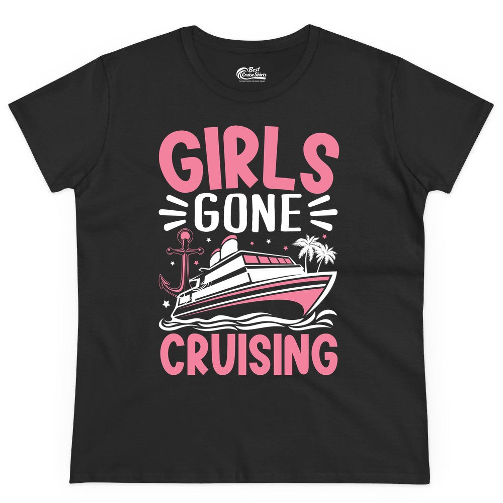 Girls Cruise Shirt - Fun Cruise Girls Trip Tee for Group Getaways (Ladies Tee) in Black - Girls Gone Cruising Tropical Pink Group Cruise Adventure Shirt