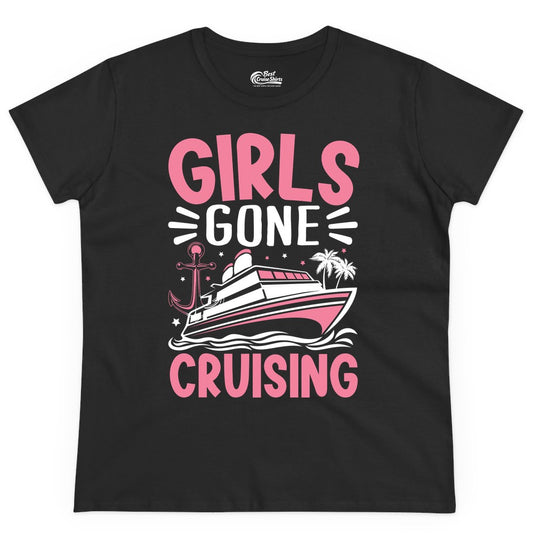 Girls Cruise Shirt - Fun Cruise Girls Trip Tee for Group Getaways (Ladies Tee) in Black - Girls Gone Cruising Tropical Pink Group Cruise Adventure Shirt
