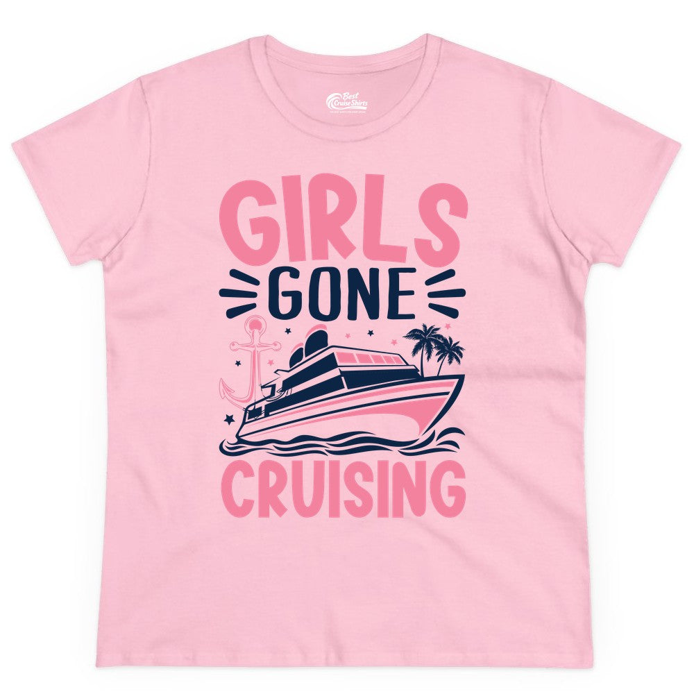 Girls Cruise Shirt - Fun Cruise Girls Trip Tee for Group Getaways (Ladies Tee) in Light Pink - Girls Gone Cruising Tropical Pink Group Cruise Adventure Shirt