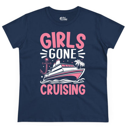 Girls Cruise Shirt - Fun Cruise Girls Trip Tee for Group Getaways (Ladies Tee) in Navy - Girls Gone Cruising Tropical Pink Group Cruise Adventure Shirt