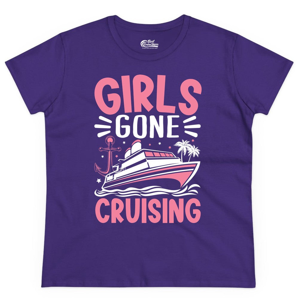 Girls Cruise Shirt - Fun Cruise Girls Trip Tee for Group Getaways (Ladies Tee) in Purple - Girls Gone Cruising Tropical Pink Group Cruise Adventure Shirt