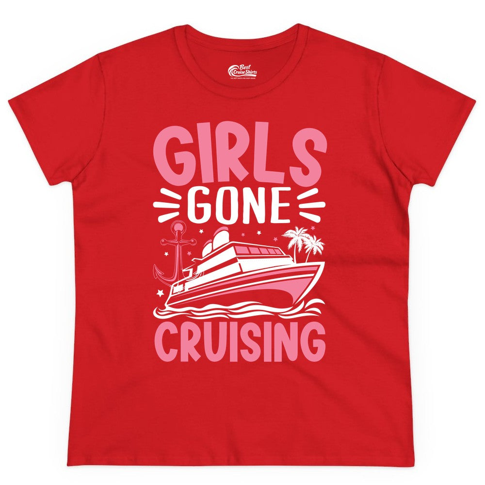Girls Cruise Shirt - Fun Cruise Girls Trip Tee for Group Getaways (Ladies Tee) in Red - Girls Gone Cruising Tropical Pink Group Cruise Adventure Shirt