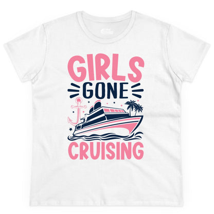 Girls Cruise Shirt - Fun Cruise Girls Trip Tee for Group Getaways (Ladies Tee) in White - Girls Gone Cruising Tropical Pink Group Cruise Adventure Shirt