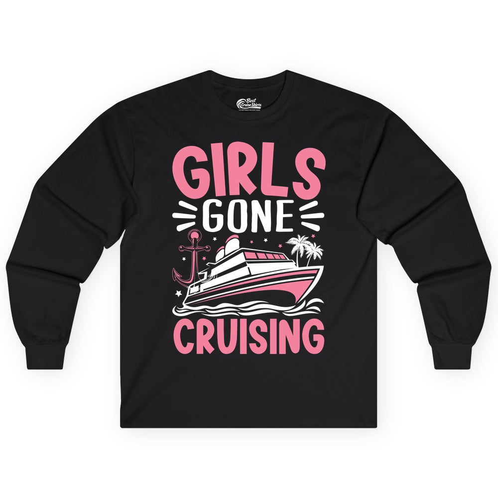 Girls Cruise Shirt - Fun Cruise Girls Trip Tee for Group Getaways (Long Sleeve) in Black - Girls Gone Cruising Tropical Pink Group Cruise Adventure Shirt