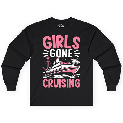 Girls Cruise Shirt - Fun Cruise Girls Trip Tee for Group Getaways (Long Sleeve) in Black - Girls Gone Cruising Tropical Pink Group Cruise Adventure Shirt