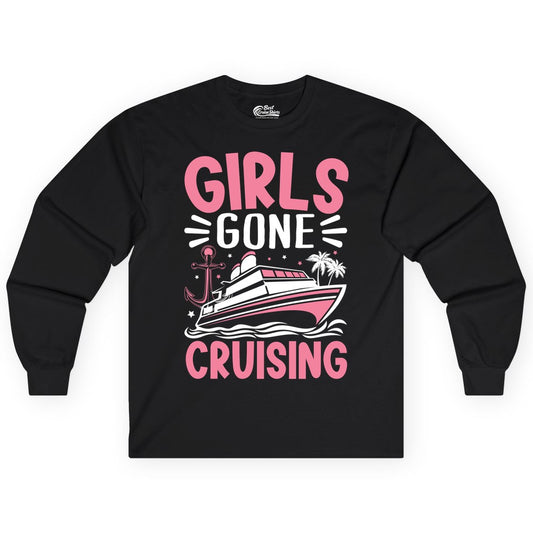 Girls Cruise Shirt - Fun Cruise Girls Trip Tee for Group Getaways (Long Sleeve) in Black - Girls Gone Cruising Tropical Pink Group Cruise Adventure Shirt