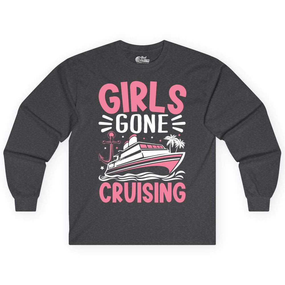 Girls Cruise Shirt - Fun Cruise Girls Trip Tee for Group Getaways (Long Sleeve) in Dark Heather - Girls Gone Cruising Tropical Pink Group Cruise Adventure Shirt