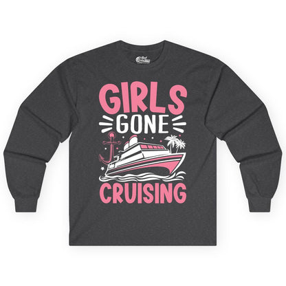 Girls Cruise Shirt - Fun Cruise Girls Trip Tee for Group Getaways (Long Sleeve) in Dark Heather - Girls Gone Cruising Tropical Pink Group Cruise Adventure Shirt
