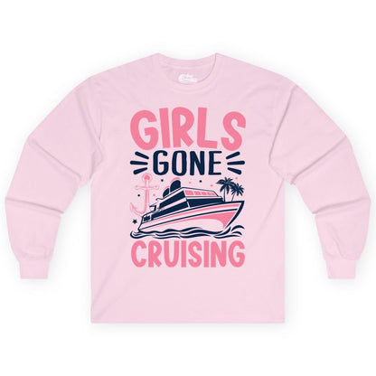 Girls Cruise Shirt - Fun Cruise Girls Trip Tee for Group Getaways (Long Sleeve) in Light Pink - Girls Gone Cruising Tropical Pink Group Cruise Adventure Shirt
