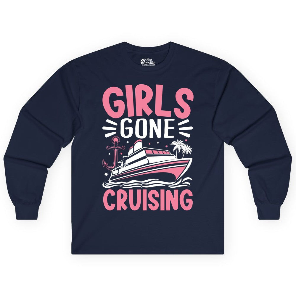 Girls Cruise Shirt - Fun Cruise Girls Trip Tee for Group Getaways (Long Sleeve) in Navy - Girls Gone Cruising Tropical Pink Group Cruise Adventure Shirt