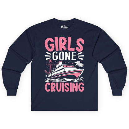 Girls Cruise Shirt - Fun Cruise Girls Trip Tee for Group Getaways (Long Sleeve) in Navy - Girls Gone Cruising Tropical Pink Group Cruise Adventure Shirt