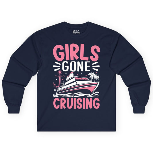 Girls Cruise Shirt - Fun Cruise Girls Trip Tee for Group Getaways (Long Sleeve) in Navy - Girls Gone Cruising Tropical Pink Group Cruise Adventure Shirt