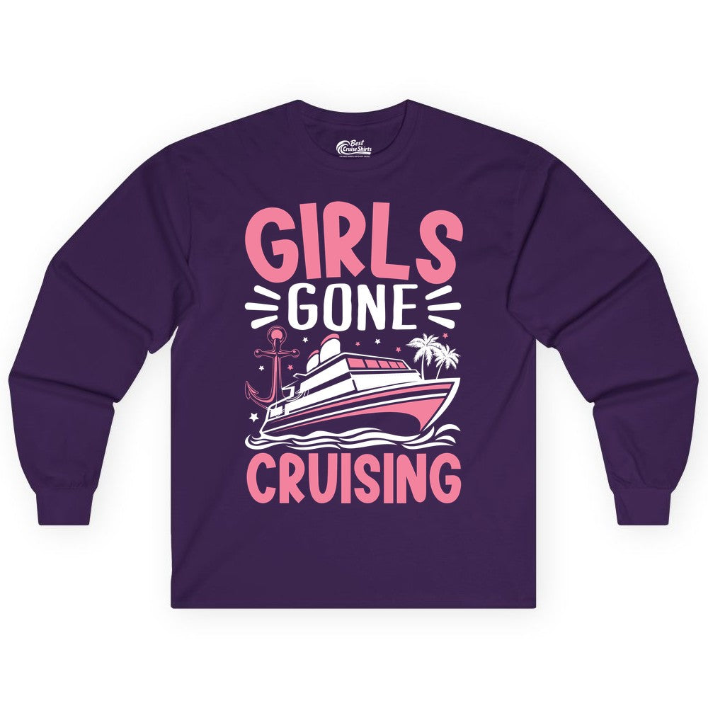 Girls Cruise Shirt - Fun Cruise Girls Trip Tee for Group Getaways (Long Sleeve) in Purple - Girls Gone Cruising Tropical Pink Group Cruise Adventure Shirt