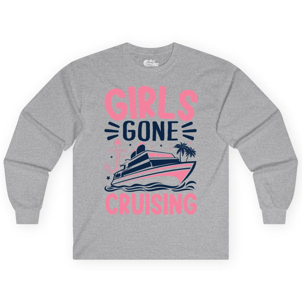 Girls Cruise Shirt - Fun Cruise Girls Trip Tee for Group Getaways (Long Sleeve) in Sport Grey - Girls Gone Cruising Tropical Pink Group Cruise Adventure Shirt
