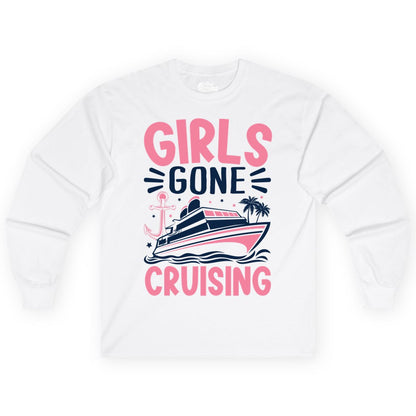Girls Cruise Shirt - Fun Cruise Girls Trip Tee for Group Getaways (Long Sleeve) in White - Girls Gone Cruising Tropical Pink Group Cruise Adventure Shirt