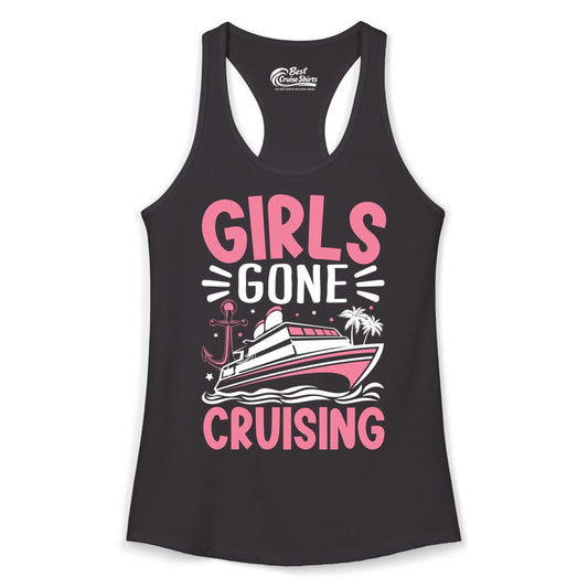 Girls Cruise Shirt - Fun Cruise Girls Trip Tee for Group Getaways (Ladies Tank) in Black - Girls Gone Cruising Tropical Pink Group Cruise Adventure Shirt