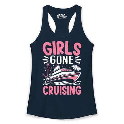 Girls Cruise Shirt - Fun Cruise Girls Trip Tee for Group Getaways (Ladies Tank) in Solid Midnight Navy - Girls Gone Cruising Tropical Pink Group Cruise Adventure Shirt
