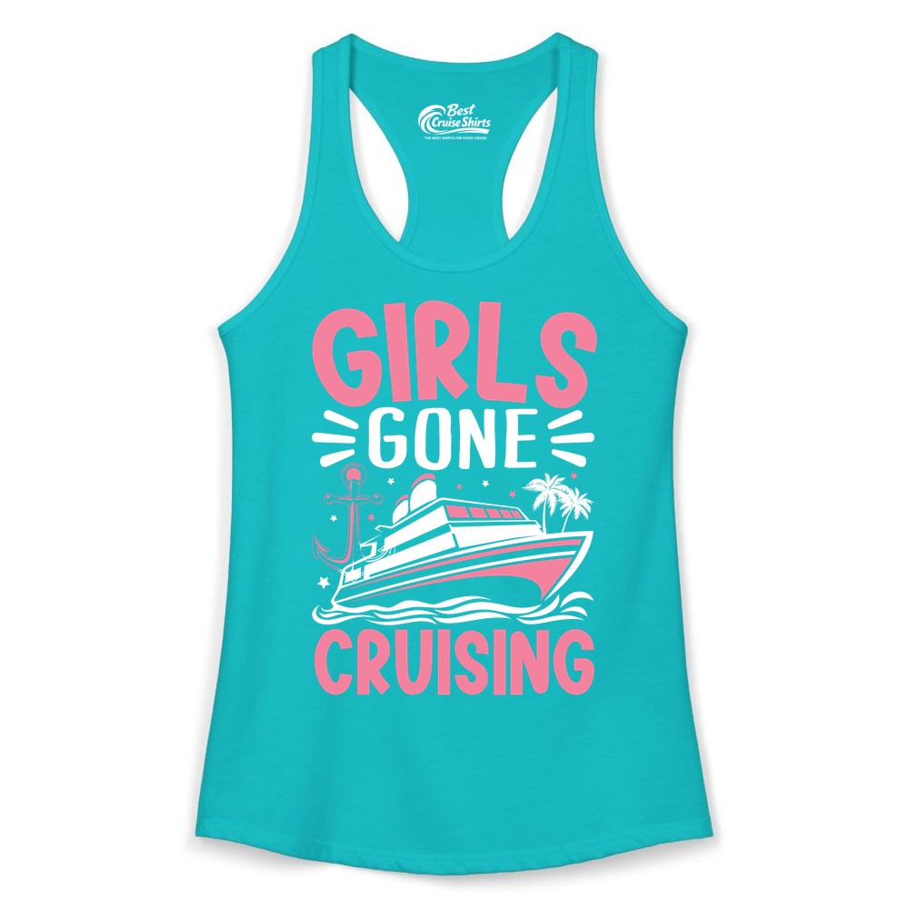 Girls Cruise Shirt - Fun Cruise Girls Trip Tee for Group Getaways (Ladies Tank) in Tahiti Blue - Girls Gone Cruising Tropical Pink Group Cruise Adventure Shirt